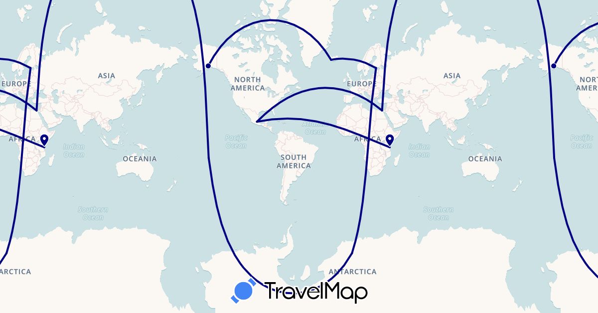 TravelMap itinerary: driving in Antarctica, Egypt, Finland, Iceland, Mexico, French Polynesia, Tanzania, United States (Africa, Antarctica, Europe, North America, Oceania)